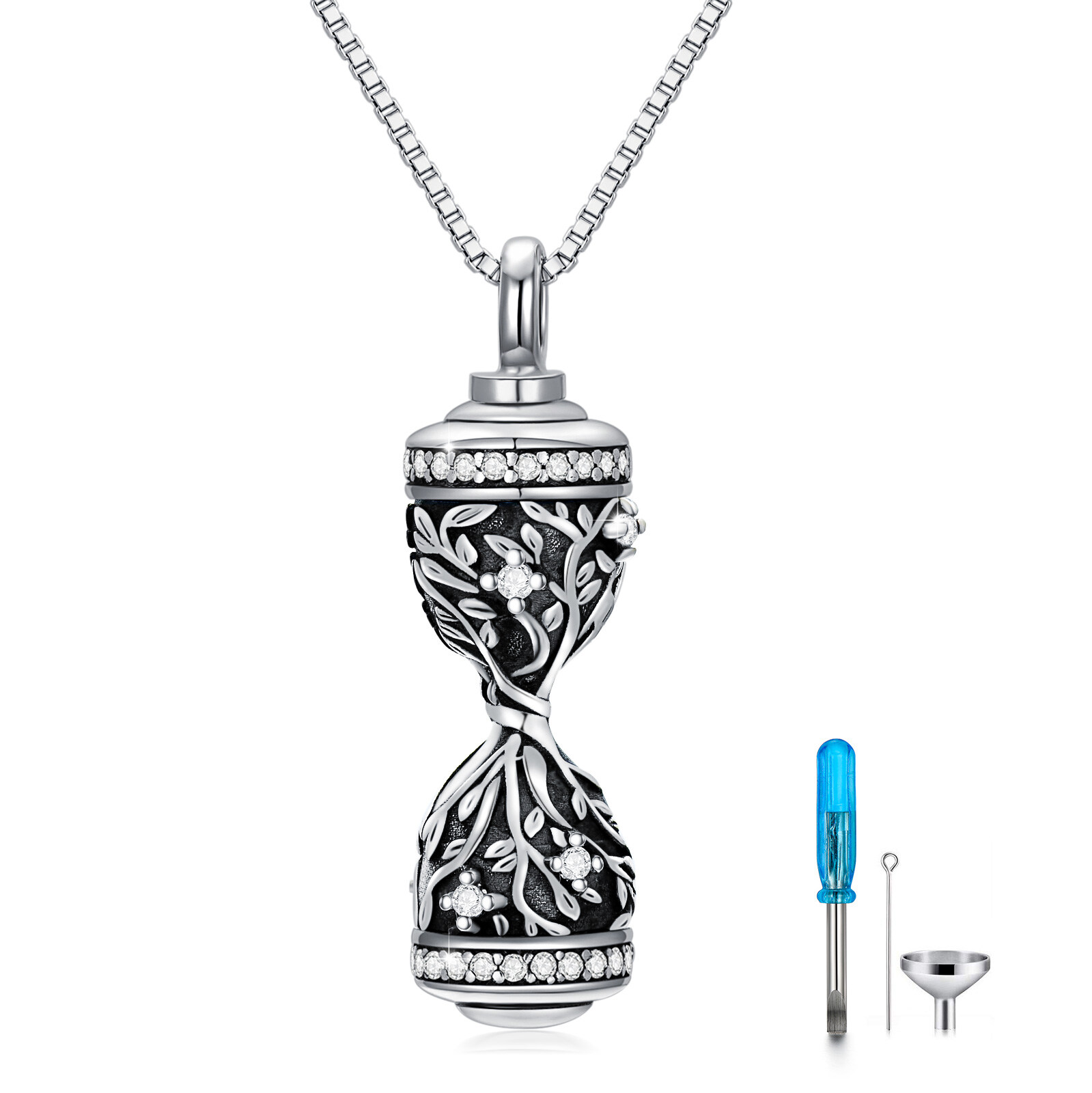 Image of Sterling Silver Cubic Zirconia Tree Of Life & Hourglass Urn Necklace for Ashes