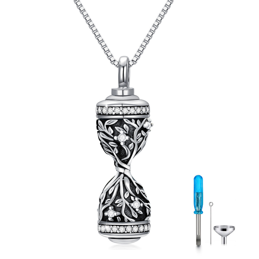 Sterling Silver Cubic Zirconia Tree Of Life & Hourglass Urn Necklace for Ashes-1
