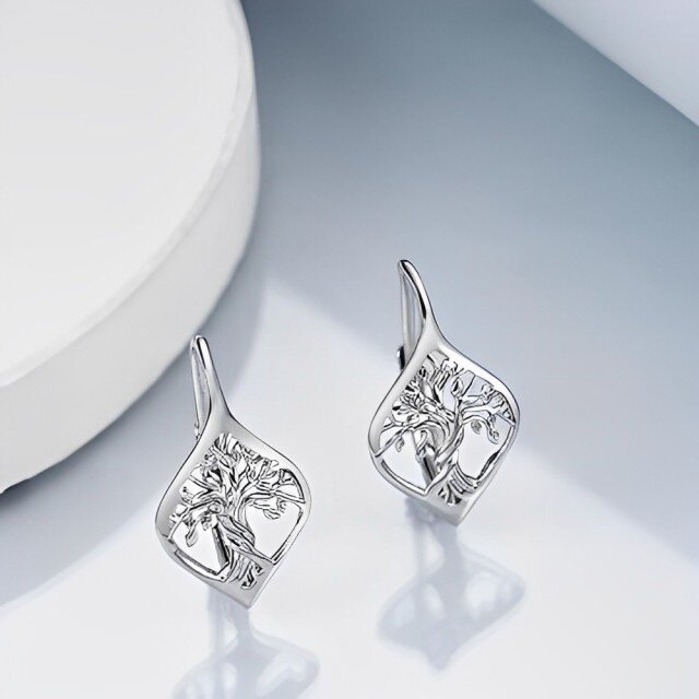 Sterling Silver Tree Of Life Lever-back Earrings-4