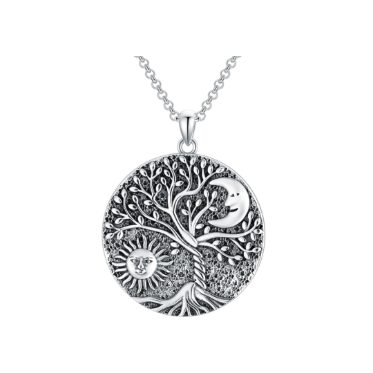 Collier en argent sterling avec pendentif arbre de vie, lune et soleil