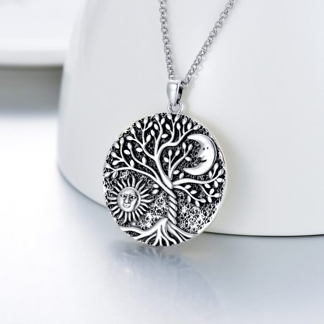 Sterling Silver Tree Of Life & Moon & Sun Pendant Necklace-3