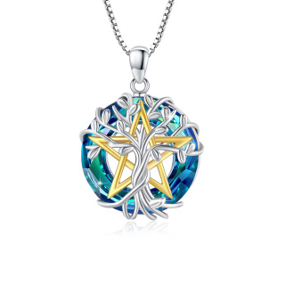 Sterling Silver Tree Of Life & Pentagram Circle Blue Crystal Pendant Necklace-2