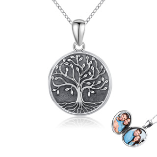 Sterling Silver Retro Silver Tree Of Life Personalized Photo Locket Necklace With Engraved Word For Women-4