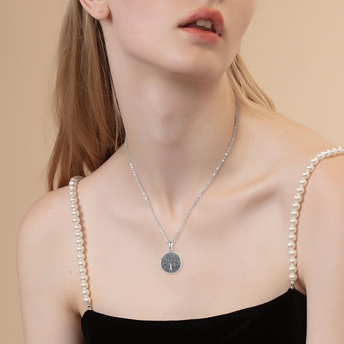 Collier médaillon photo personnalisé en argent sterling avec arbre de vie rétro avec mot gravé pour femme-2