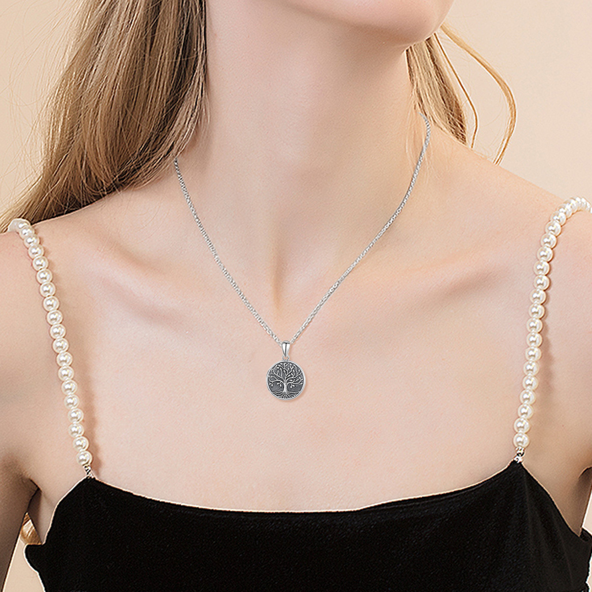 Collier médaillon photo personnalisé en argent sterling avec arbre de vie rétro avec mot gravé pour femme-3