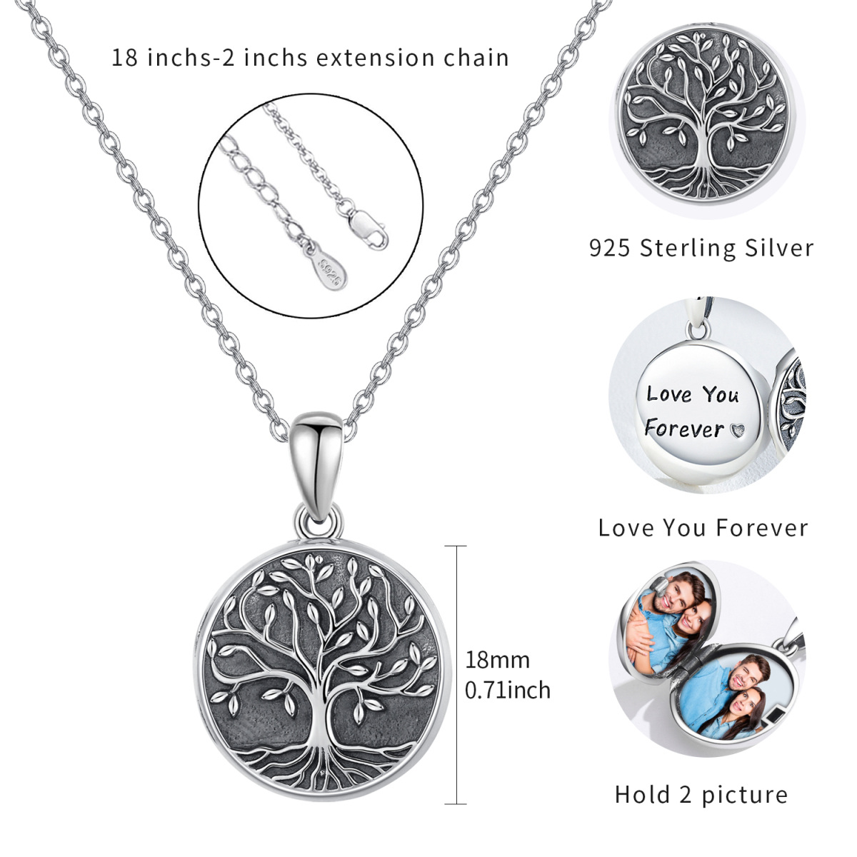 Collier médaillon photo personnalisé en argent sterling avec arbre de vie rétro avec mot gravé pour femme-5