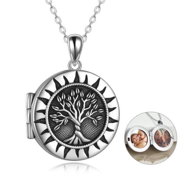 Colar com medalhão com foto personalizada da árvore da vida e do sol em prata esterlina oxidada