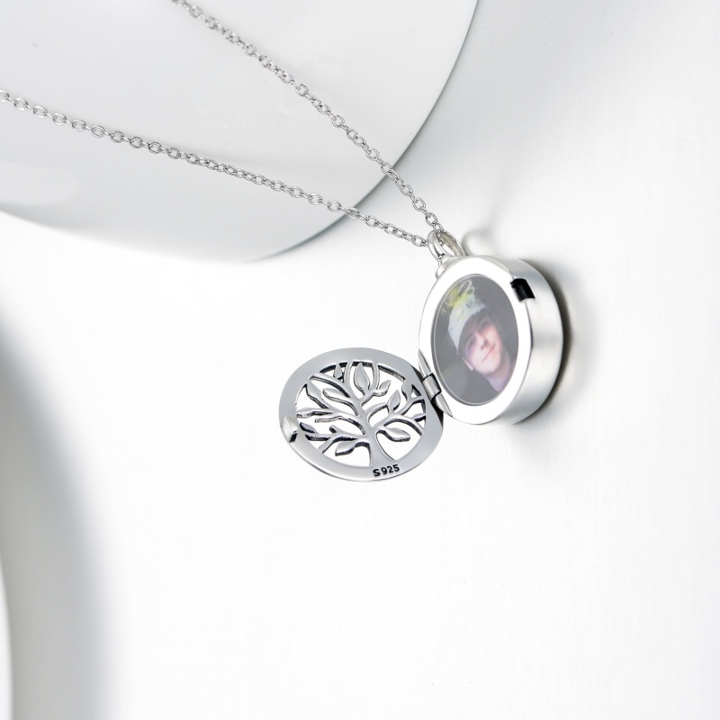 Plata de ley Árbol de la Vida Personalizada Foto Locket Urna Collar para cenizas-3