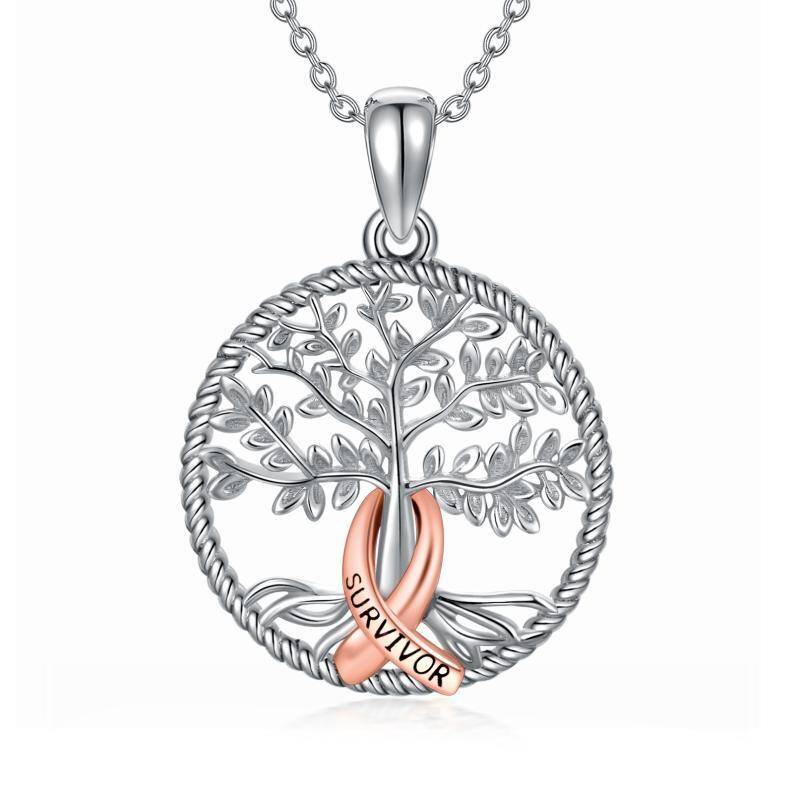 Sterling Silver Tree Of Life Red Ribborn Breast Cancer Pendant Necklace-1