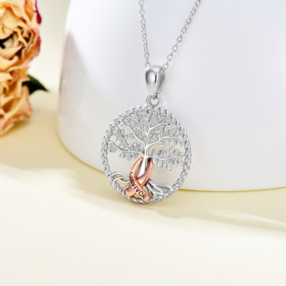 Collar con colgante de plata de ley Tree Of Life Red Ribborn Breast Cancer-3