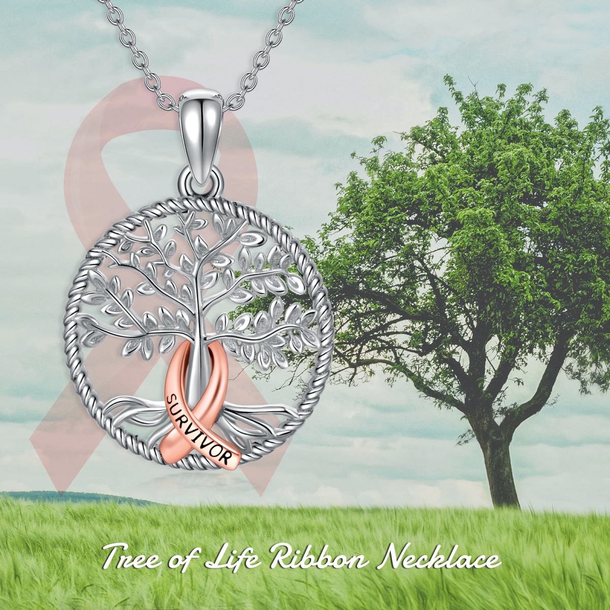 Collar con colgante de plata de ley Tree Of Life Red Ribborn Breast Cancer-5