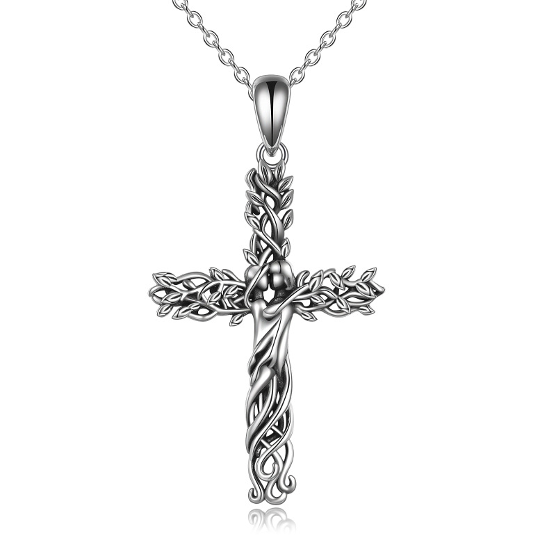 Sterling Silver Tree Of Life Sisters & Cross Pendant Necklace-11