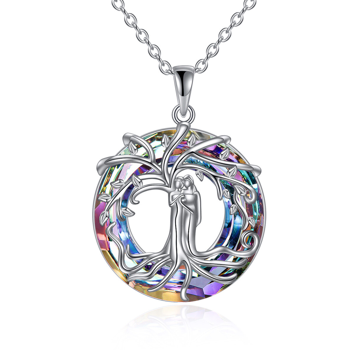 Sterling Silver Tree Of Life & Sisters Crystal Pendant Necklace-1