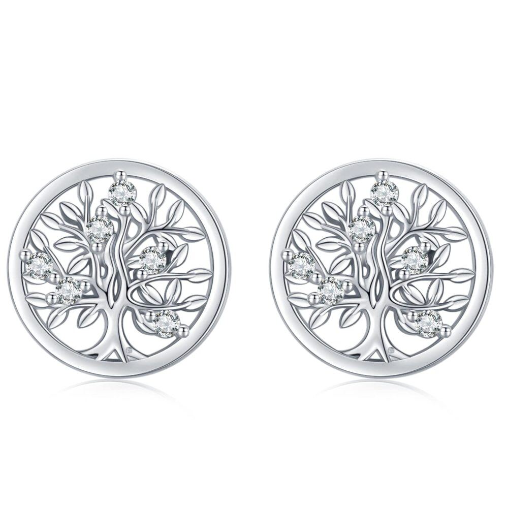 Sterling Silver Cubic Zirconia Tree Of Life Stud Earrings-1