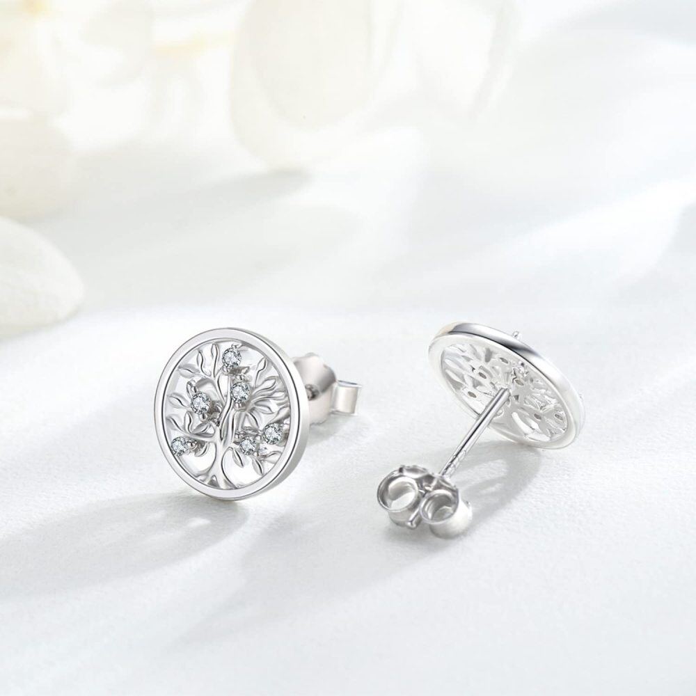 Sterling Silver Cubic Zirconia Tree Of Life Stud Earrings-3