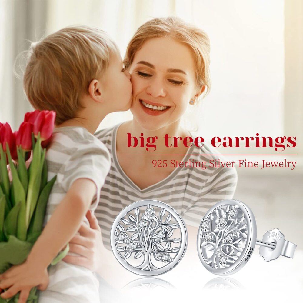 Sterling Silver Cubic Zirconia Tree Of Life Stud Earrings-4