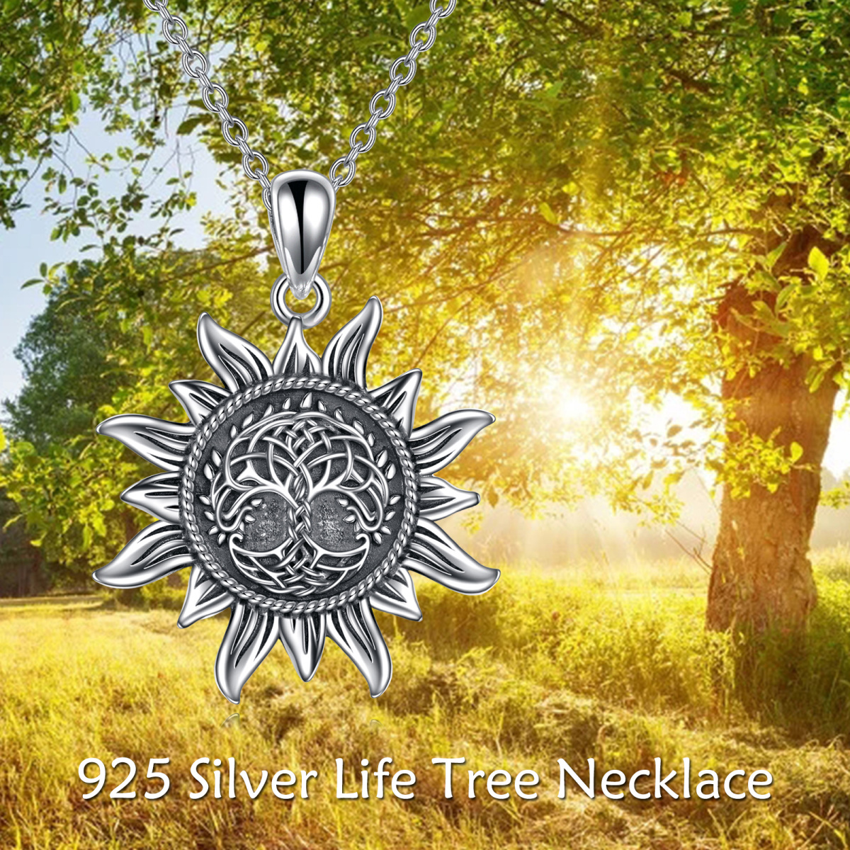 Collar con colgante de sol y árbol de la vida en plata de ley-5