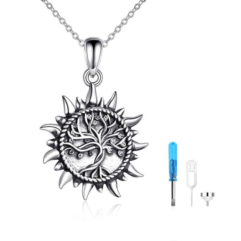 Collana con urna in argento sterling con albero della vita e sole per le ceneri-1