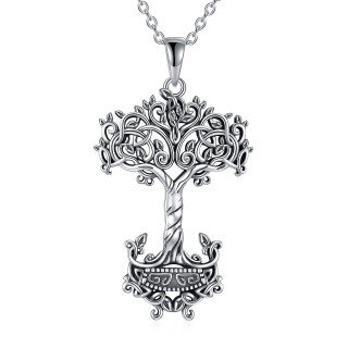 Sterling Silver Tree Of Life & Thor's Hammer Pendant Necklace-25