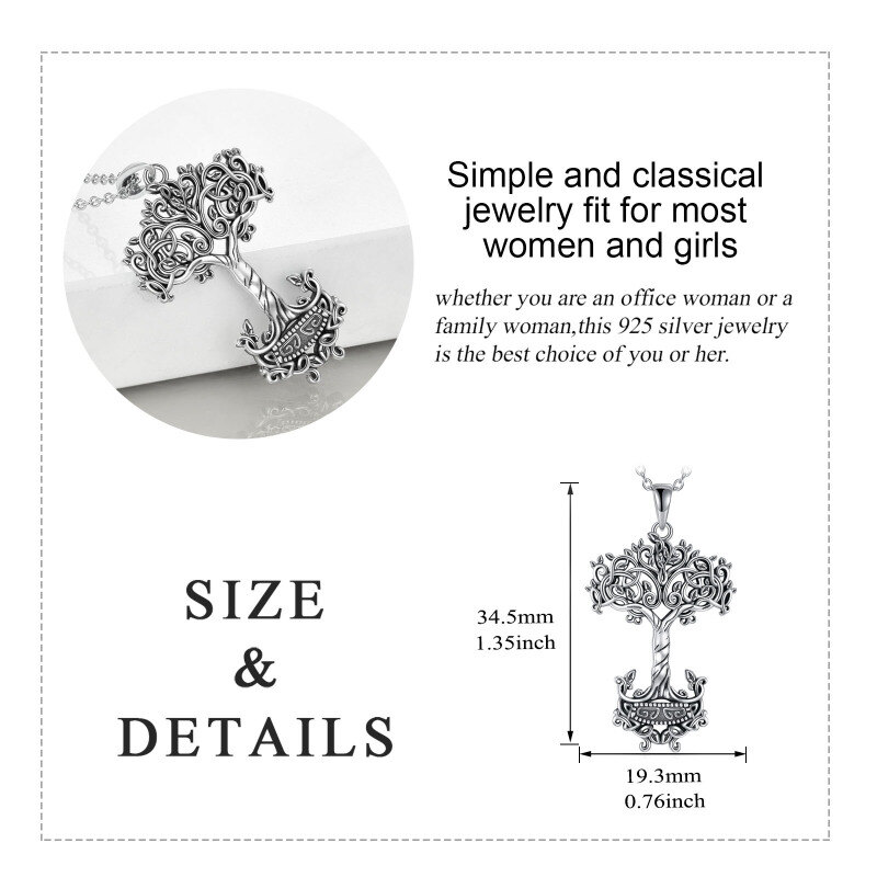 Sterling Silver Tree Of Life & Thor's Hammer Pendant Necklace-5