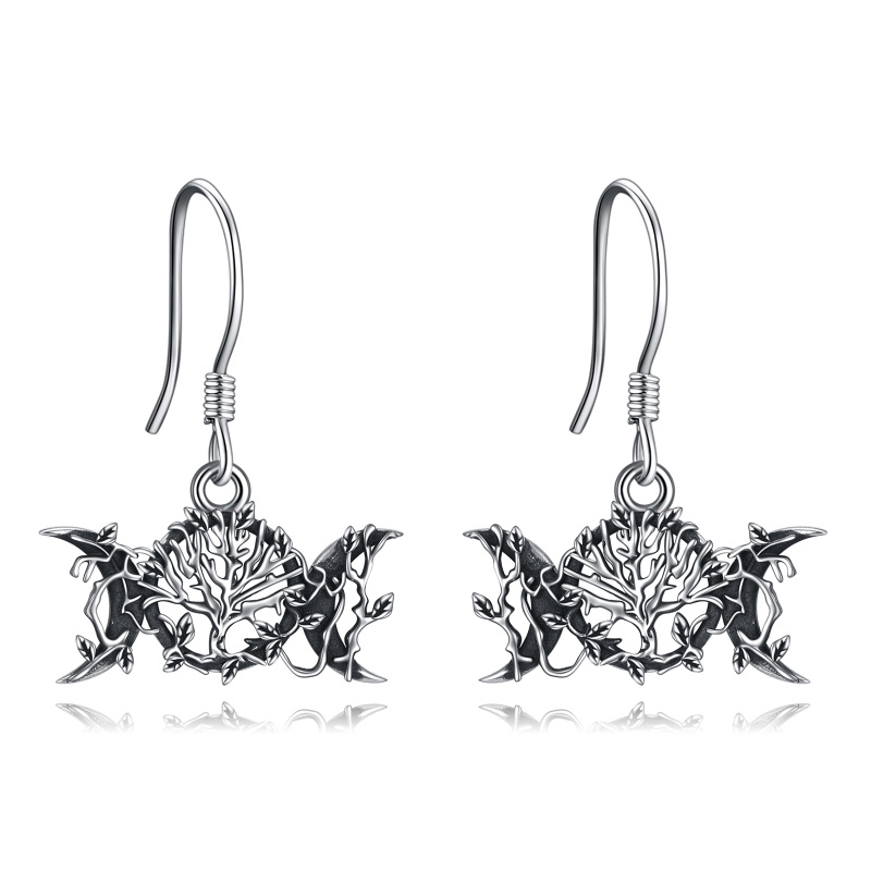 Sterling Silver Tree Of Life & Triple Moon Goddess Drop Earrings-2