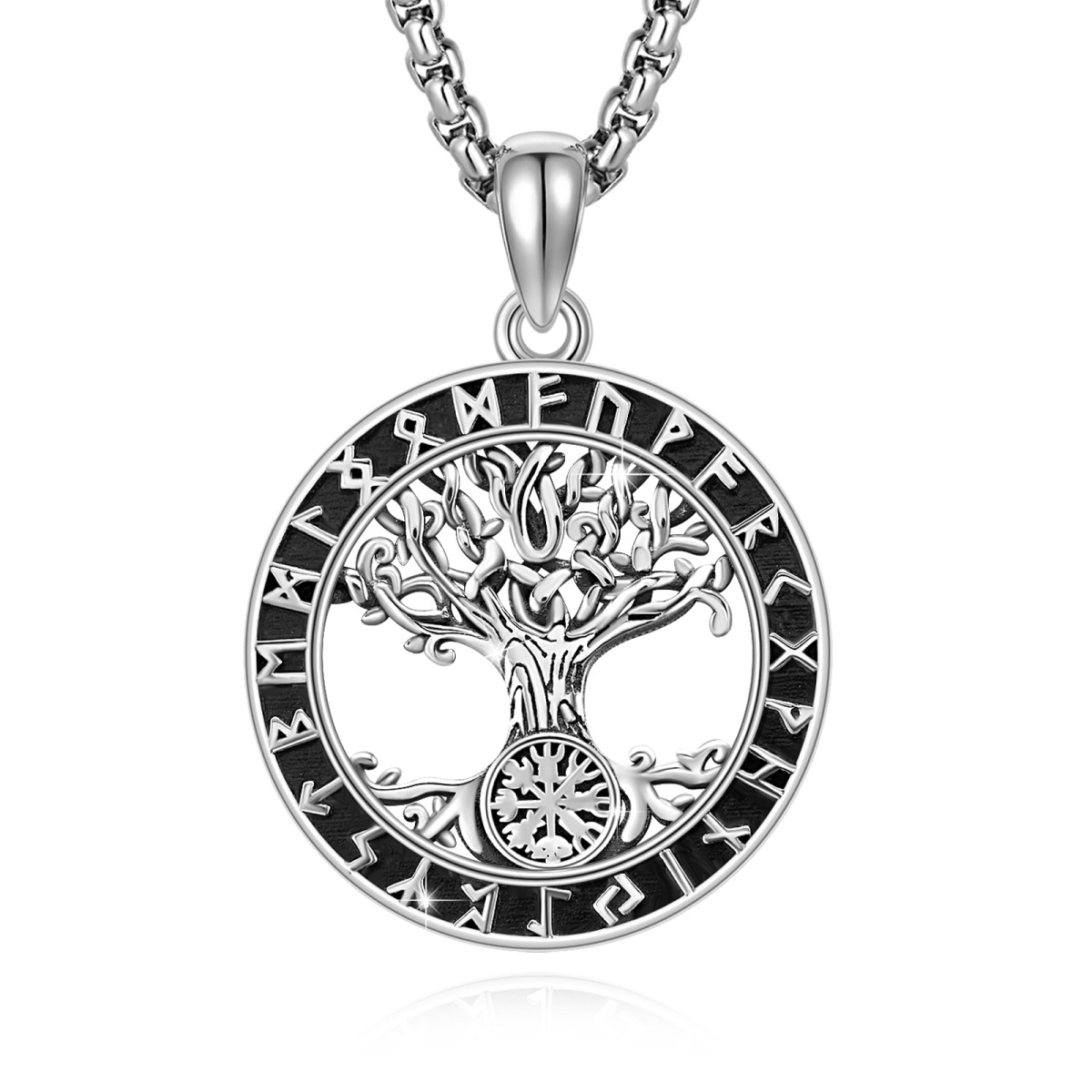 Sterling Silver Tree Of Life & Viking Rune Pendant Necklace for Men-1