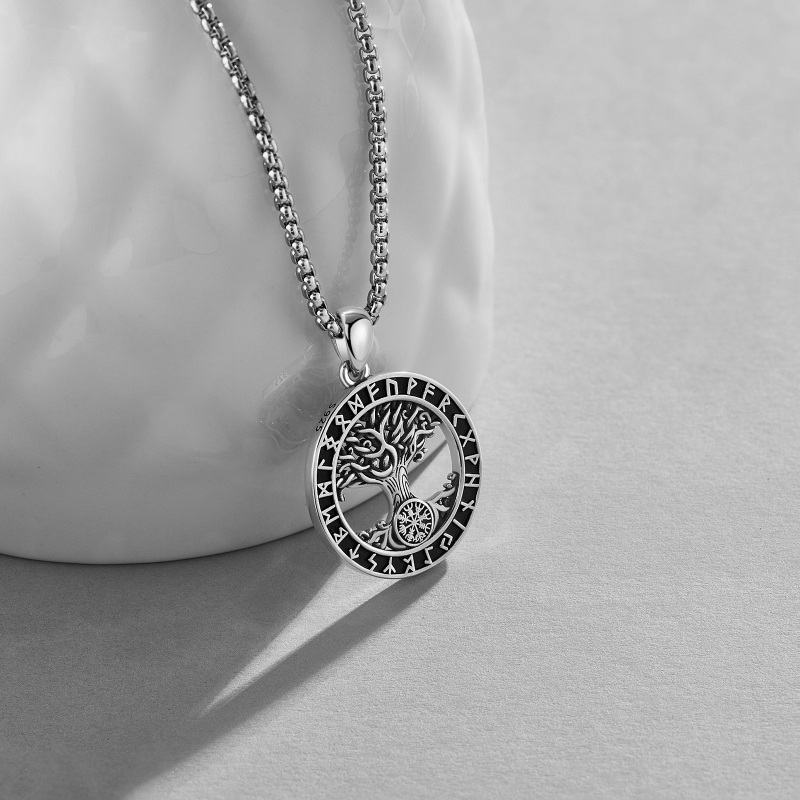 Sterling Silver Tree Of Life & Viking Rune Pendant Necklace for Men-4