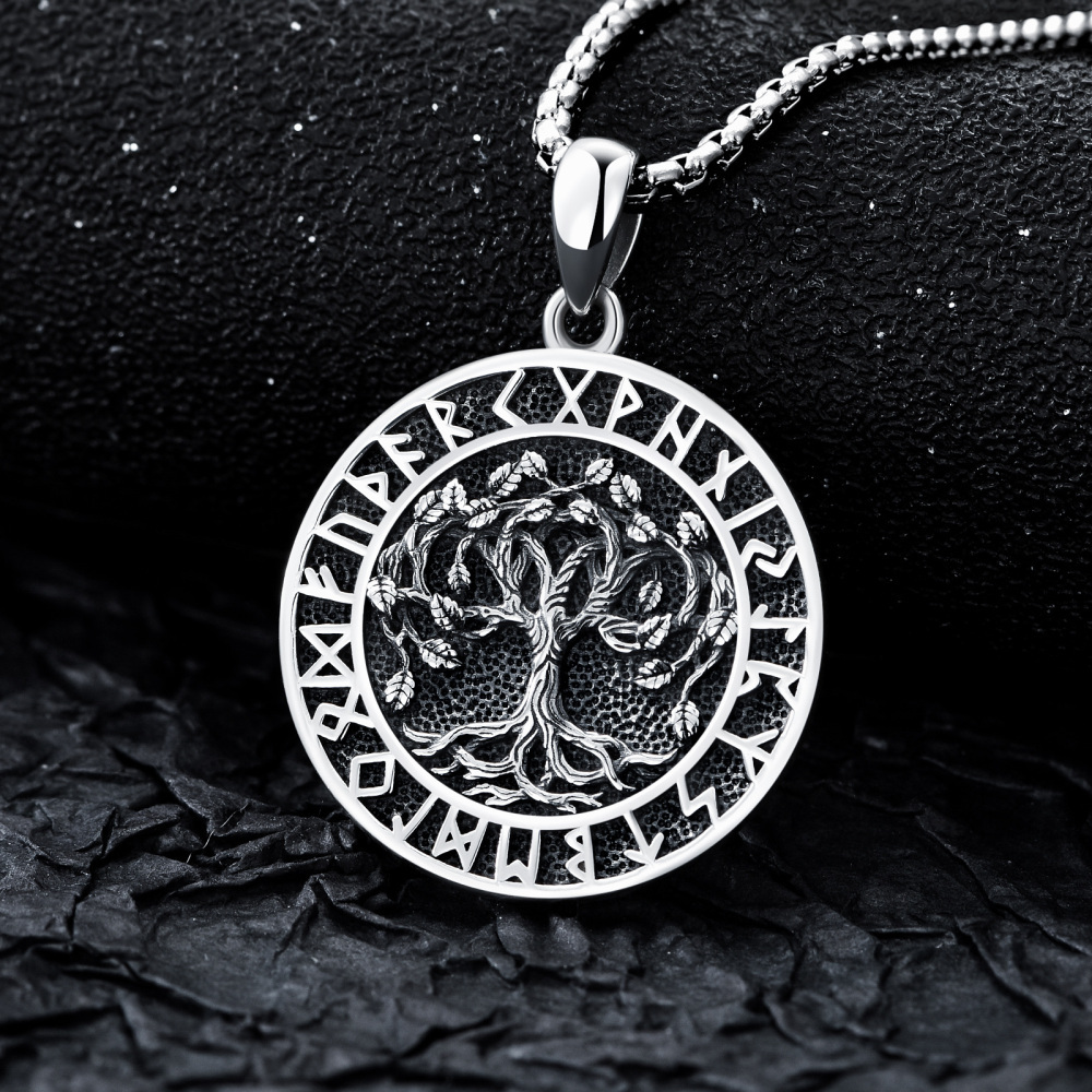 Collier en argent sterling avec pendentif arbre de vie et runes vikings pour hommes-3