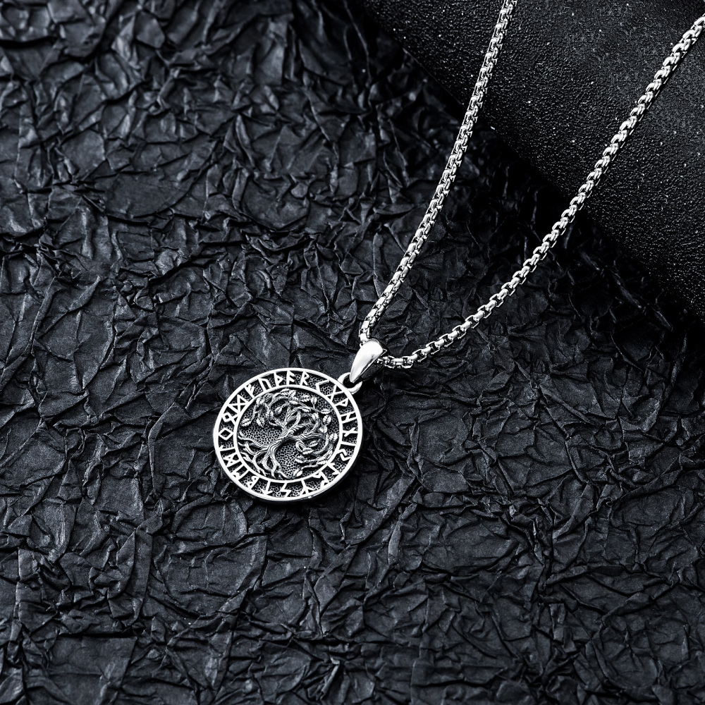 Collier en argent sterling avec pendentif arbre de vie et runes vikings pour hommes-4