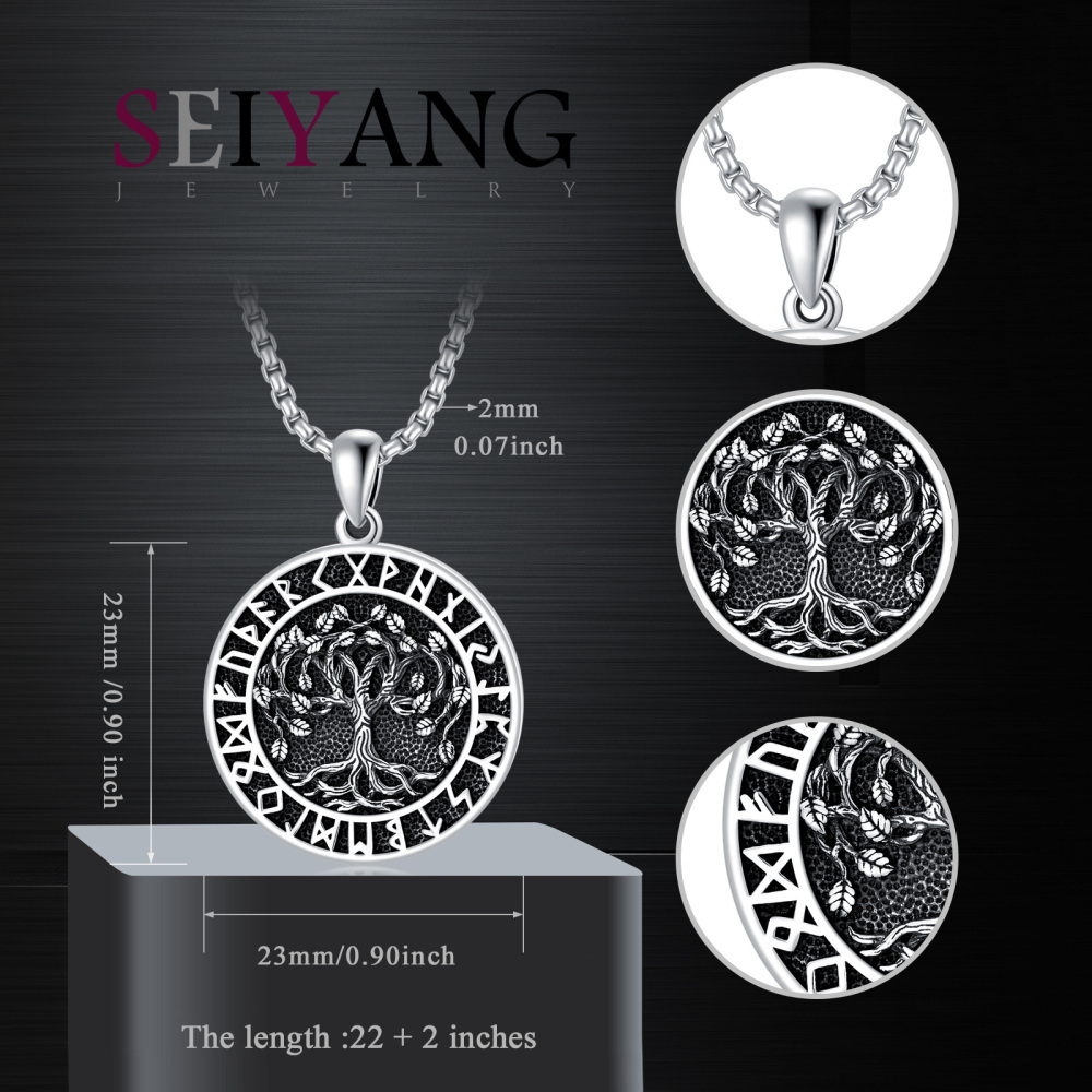 Collier en argent sterling avec pendentif arbre de vie et runes vikings pour hommes-5