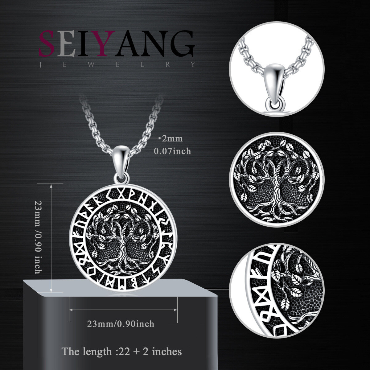 Sterling Silver Tree Of Life & Viking Rune Pendant Necklace for Men-5