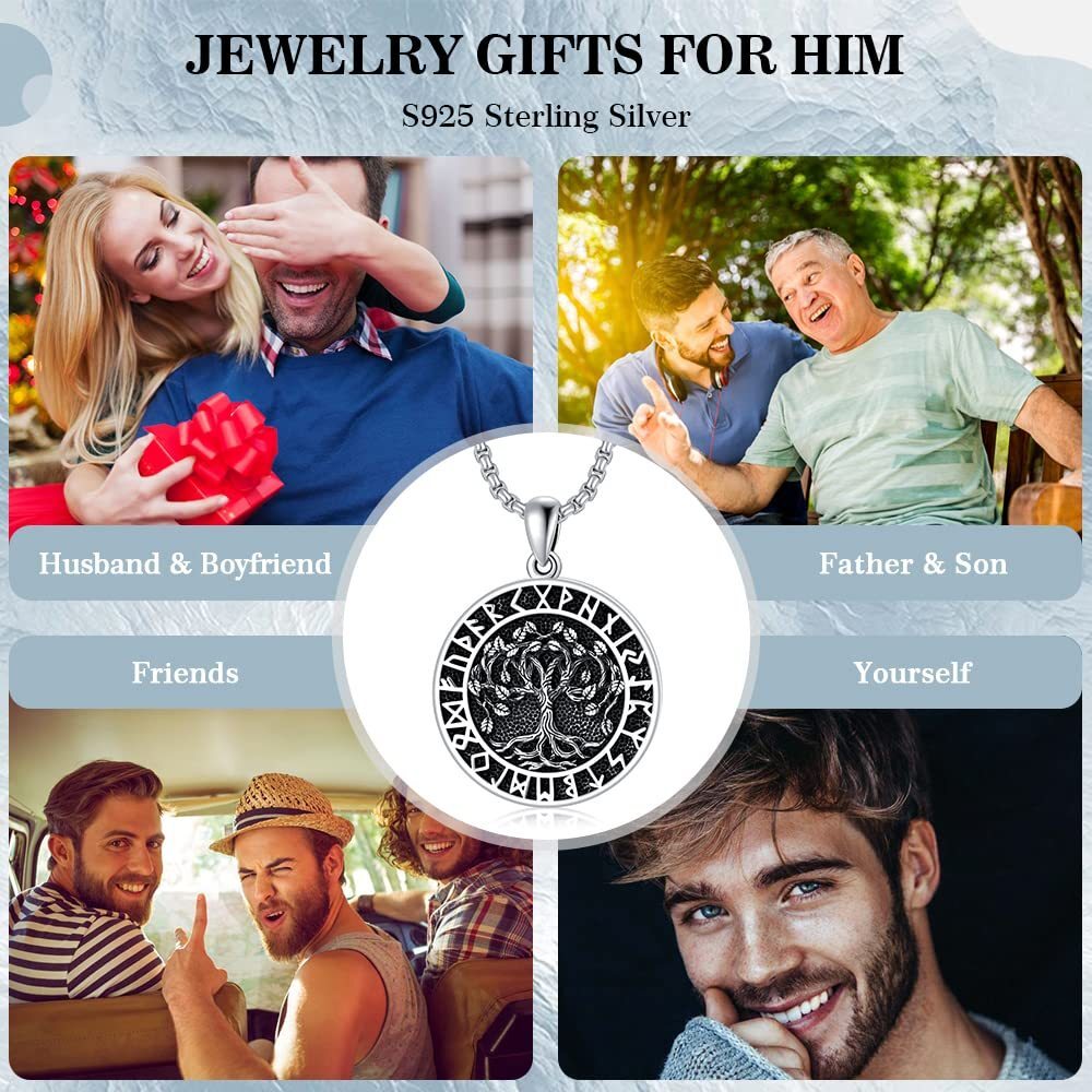 Collier en argent sterling avec pendentif arbre de vie et runes vikings pour hommes-6