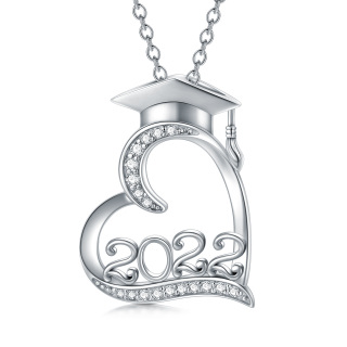 Sterling Silver Cubic Zirconia Trencher Cap & Heart Personalized Classic Name Pendant Necklace for Graduation-6