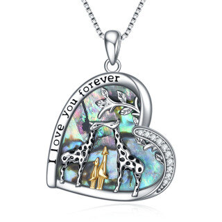 Sterling Silver Tri-tone Abalone Shellfish Giraffe & Heart Pendant Necklace with Engraved Word-10