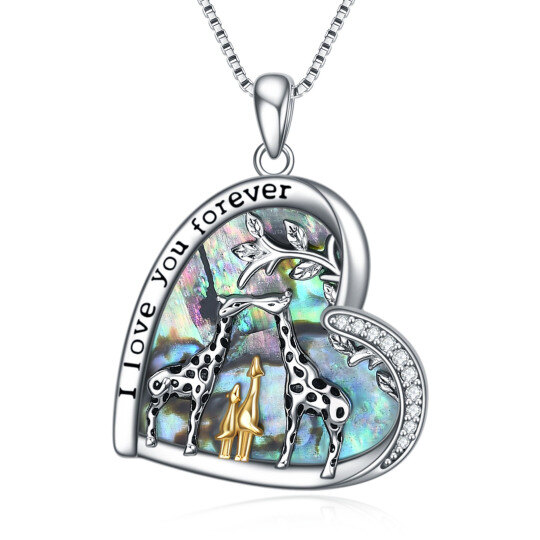 Sterling Silber Dreifarbig Abalone Muscheln Giraffe & Herz Anhänger Halskette mit eingravi