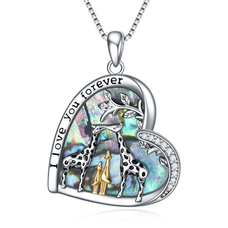 Sterling Silver Tri-tone Abalone Shellfish Giraffe & Heart Pendant Necklace with Engraved Word-6