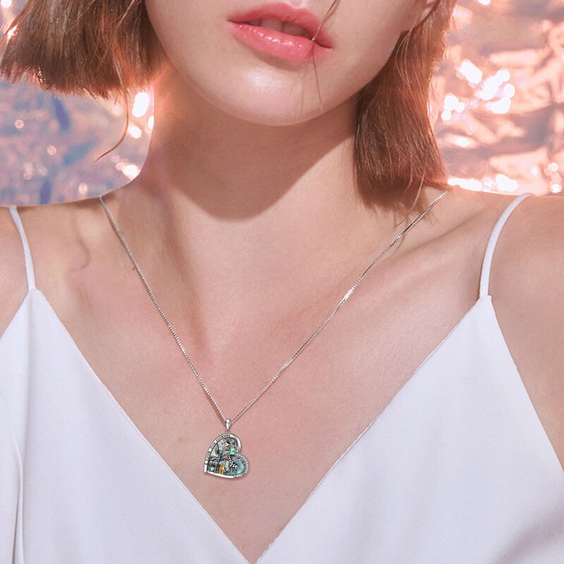 Sterling Silver Tri-tone Abalone Shellfish Giraffe & Heart Pendant Necklace with Engraved Word-2
