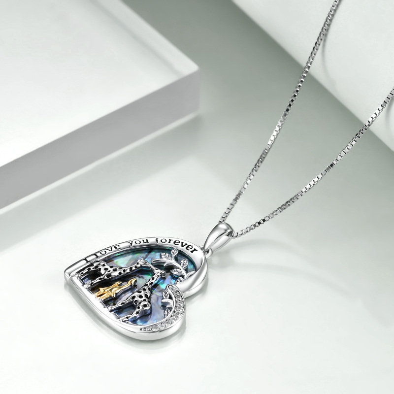 Sterling Silver Tri-tone Abalone Shellfish Giraffe & Heart Pendant Necklace with Engraved Word-3