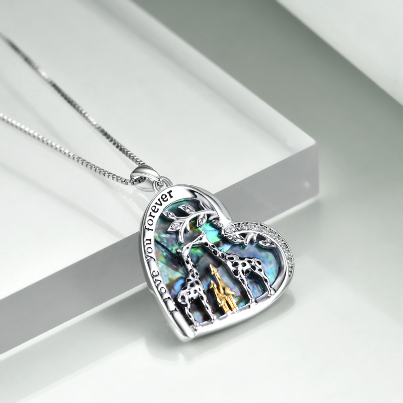 Sterling Silver Tri-tone Abalone Shellfish Giraffe & Heart Pendant Necklace with Engraved Word-4