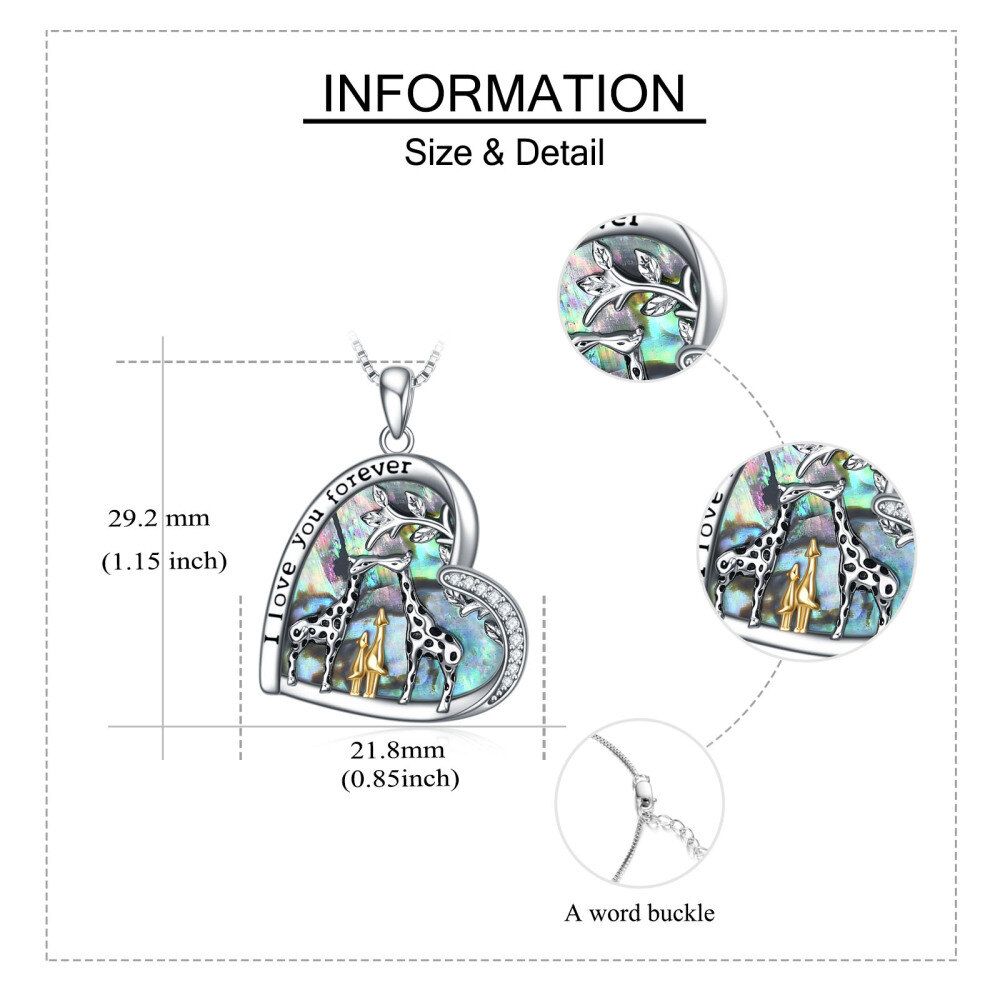 Sterling Silver Tri-tone Abalone Shellfish Giraffe & Heart Pendant Necklace with Engraved Word-5