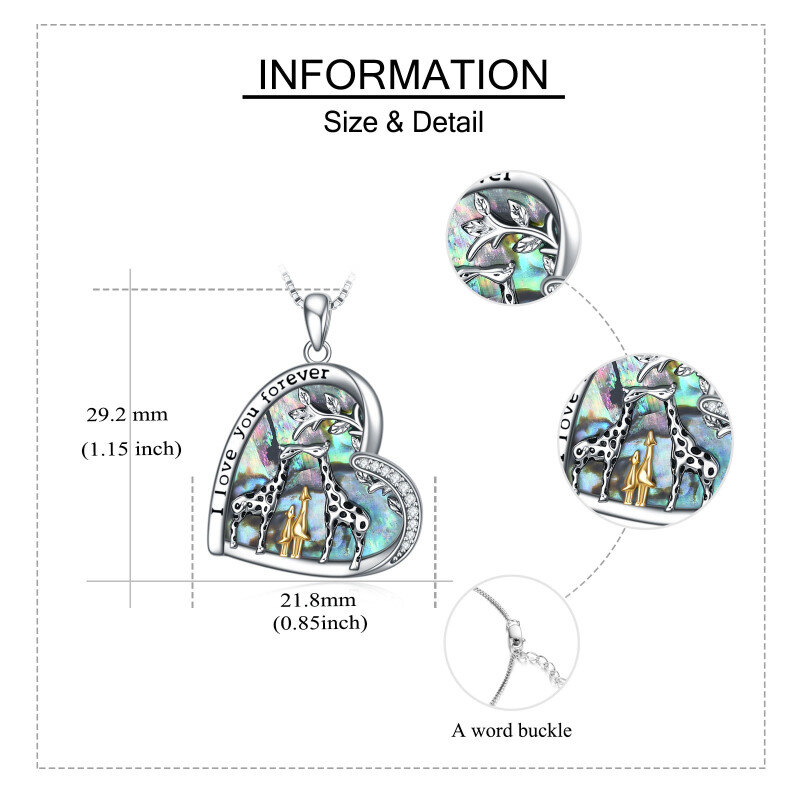 Sterling Silver Tri-tone Abalone Shellfish Giraffe & Heart Pendant Necklace with Engraved Word-5