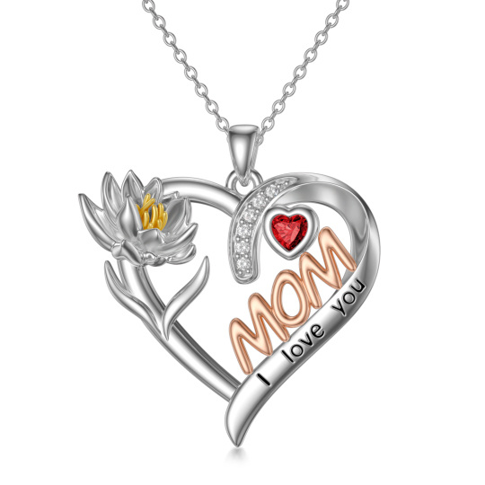 Collana con ciondolo a forma di cuore e fiore di nascita in argento sterling tricolore con zirconi cubici con parola incisa