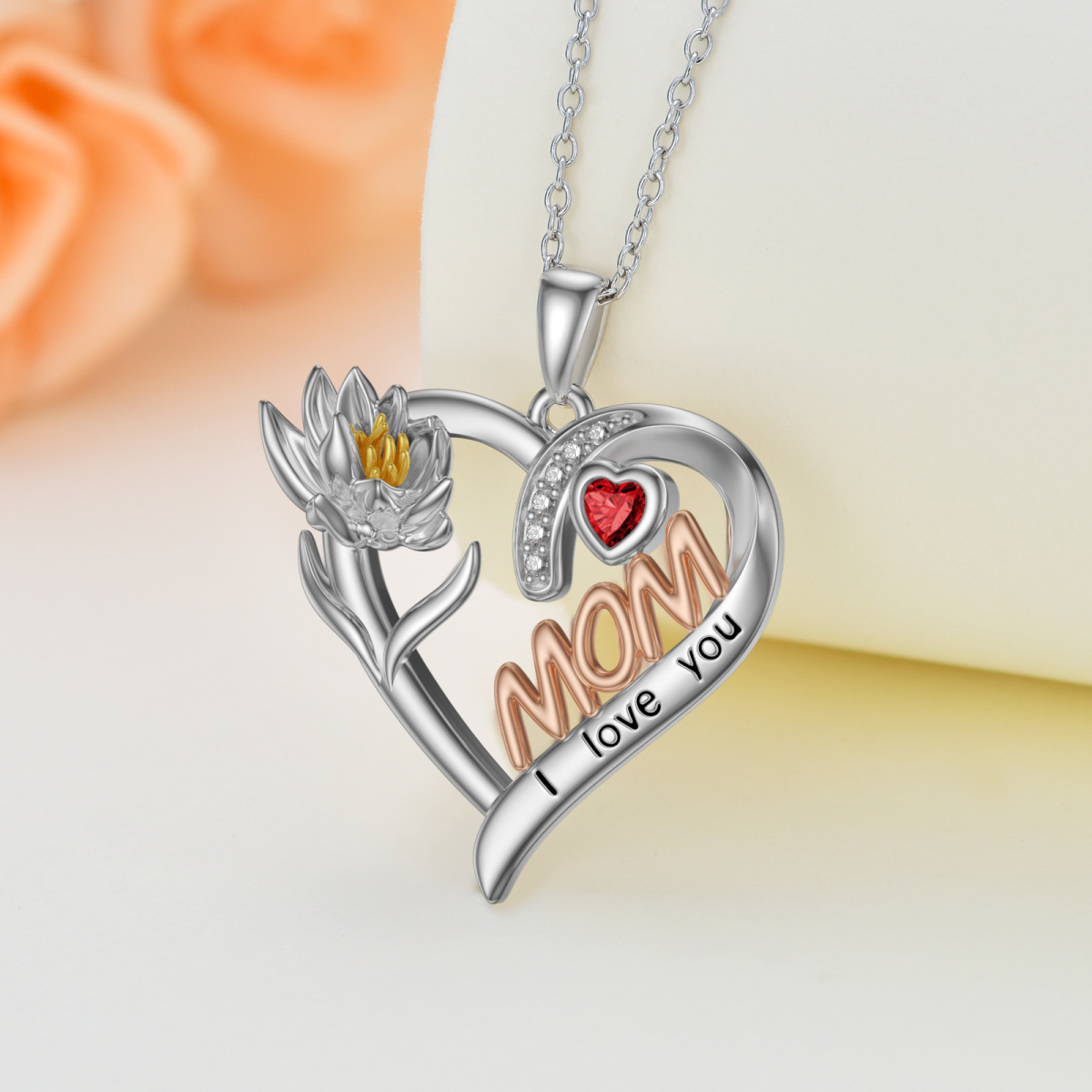 Collar con colgante de corazón con flor de nacimiento y circonita cúbica de tres tonos en plata de ley con palabra grabada-4