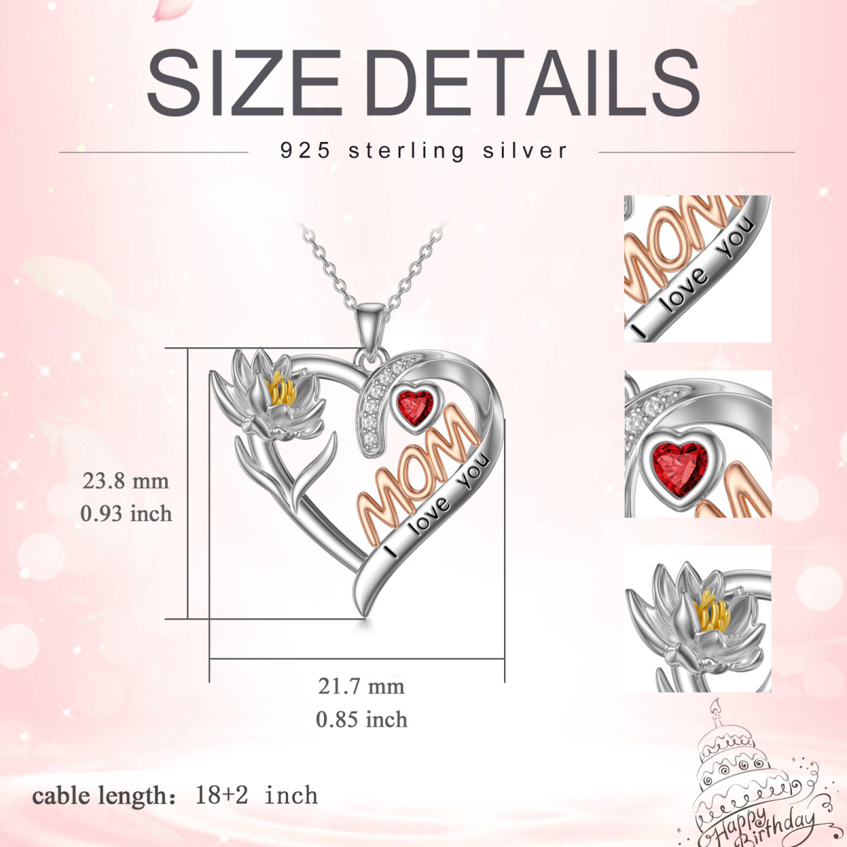 Sterling Silver Tri-tone Cubic Zirconia Birth Flower & Heart Pendant Necklace with Engraved Word-5