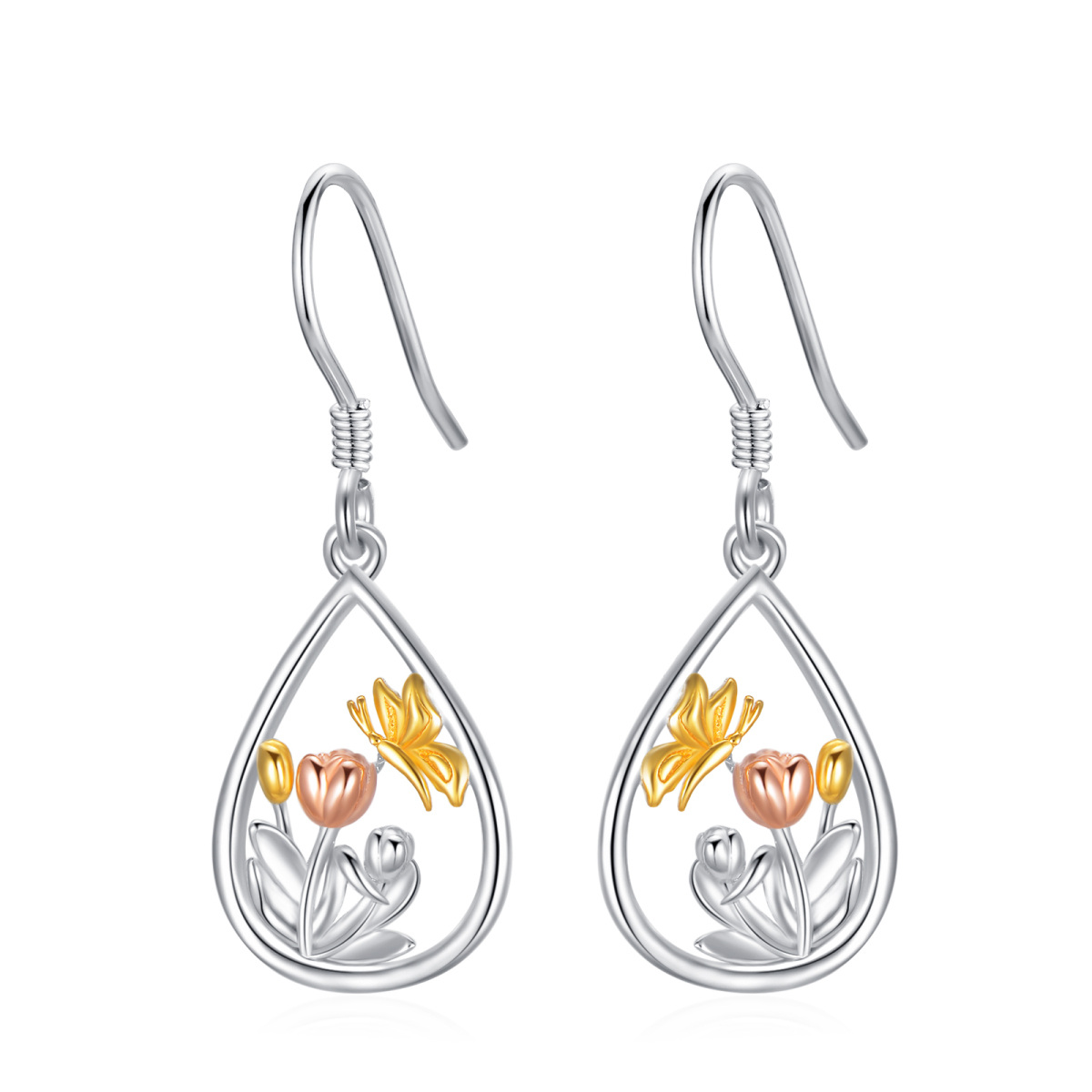 Sterling Silver Tri-tone Butterfly Drop Earrings-1