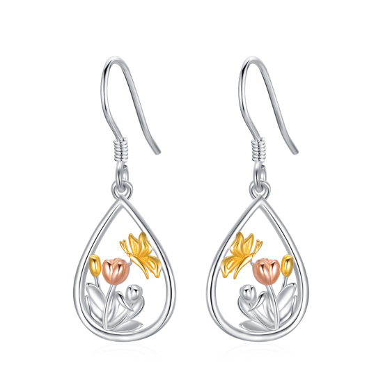 Sterling Silver Tri-tone Butterfly Drop Earrings