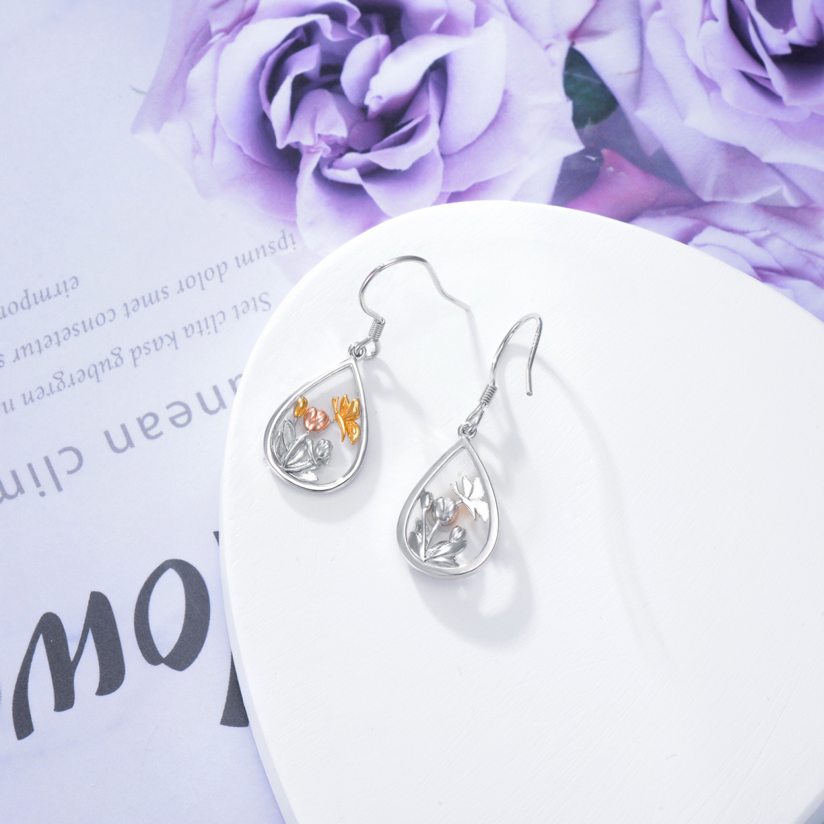 Boucles d'oreilles pendantes papillon en argent sterling tricolore-4