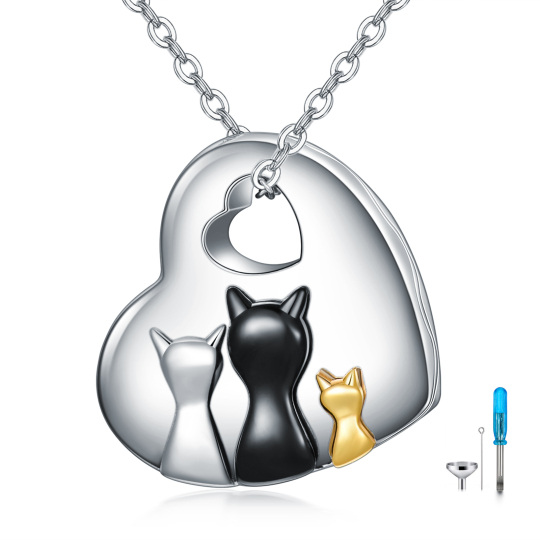 Sterling Silver Tri-tone Cat & Heart Urn Necklace for Ashes