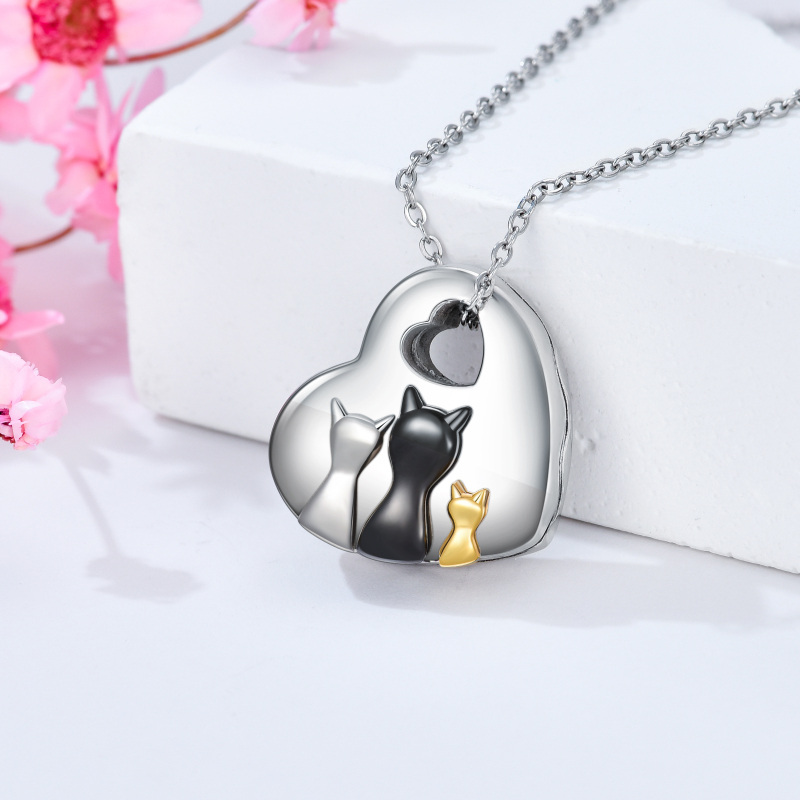 Collana con urna per le ceneri in argento sterling con gatto e cuore in tre tonalità-3
