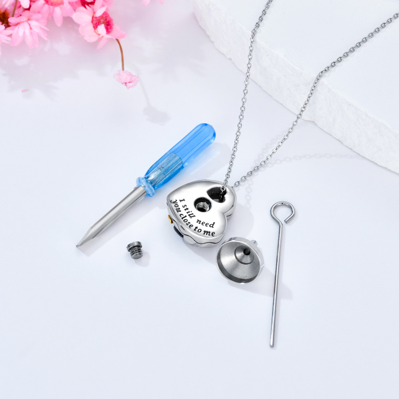 Collana con urna per le ceneri in argento sterling con gatto e cuore in tre tonalità-4